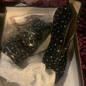 I-N-C ankle booty with open toe, rhinestones heels